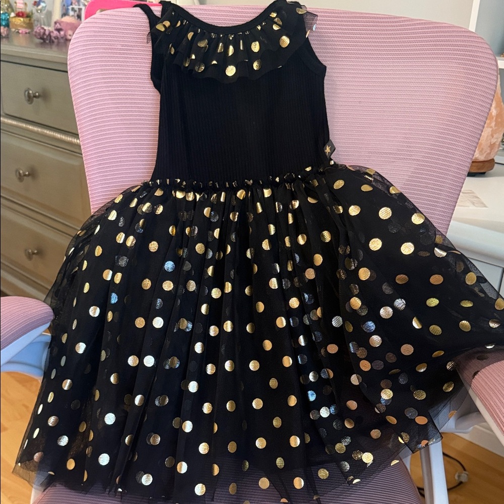 Elegant Black and Gold Polka Dot Kids Dress